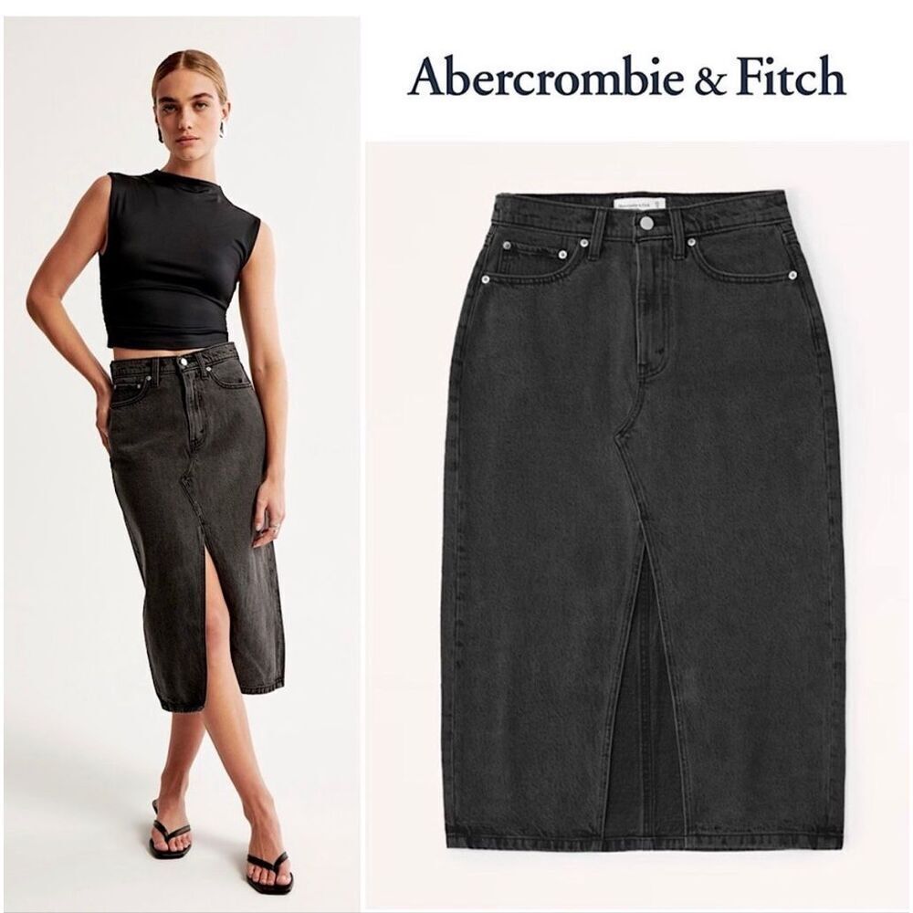Abercrombie & Fitch Denim Midi Skirt Gray Black High Rise Plus Size 30/10